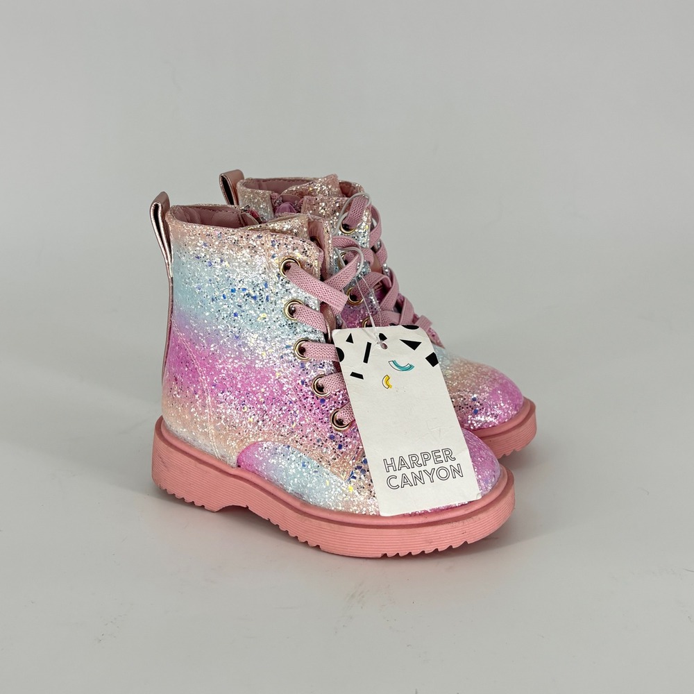 New Harper Canyon Farrah Combat Boots Rainbow Glitter Kids Size 7 Side Zipper